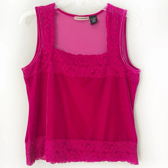 American Vintage Tops - Vintage Y2K Velvet Lace Trim Top Hot Pink Tank Top Square Neckline Large Chic